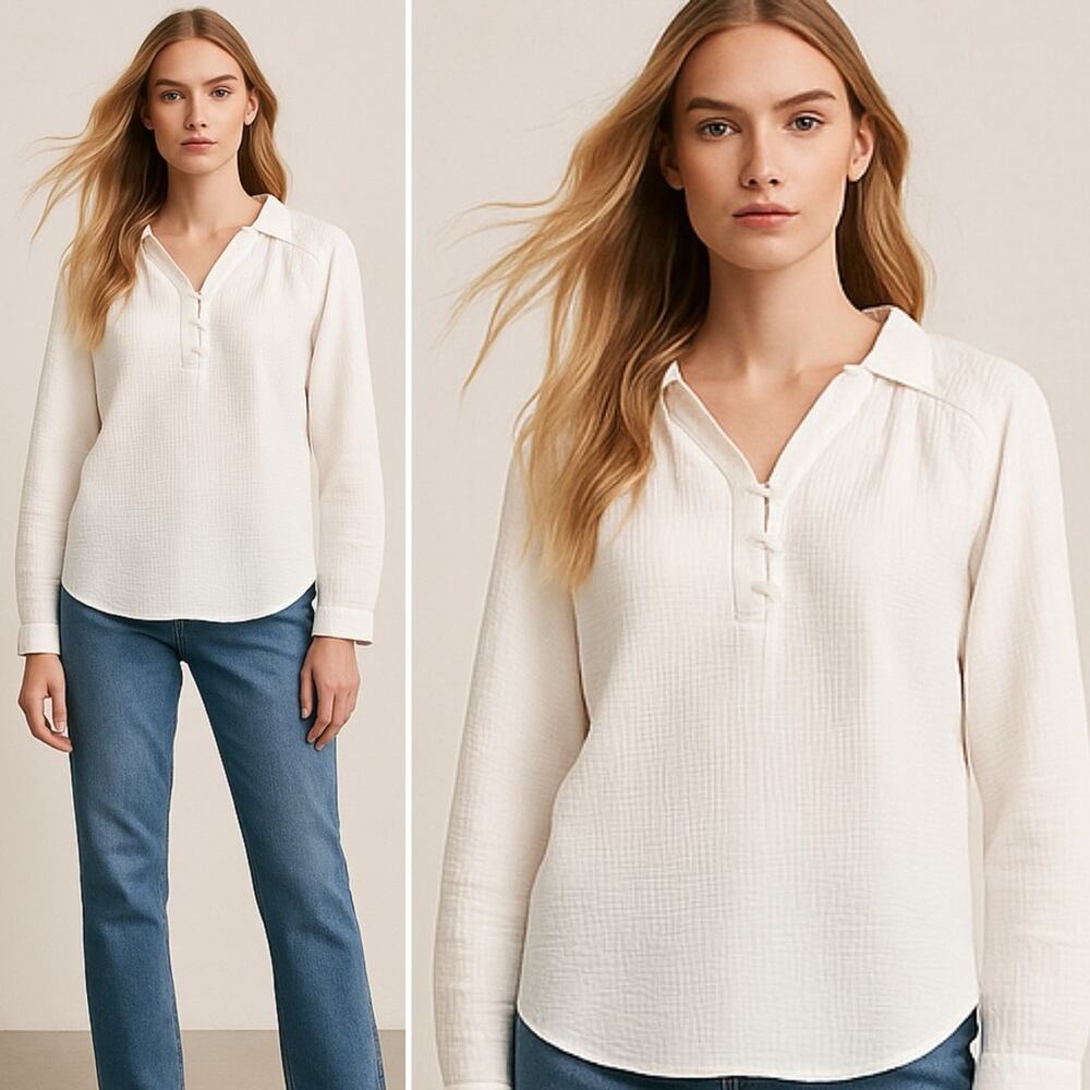 Harshman White Textured Cotton Blouse Notch Collar Long Sleeve Top Medium NEW